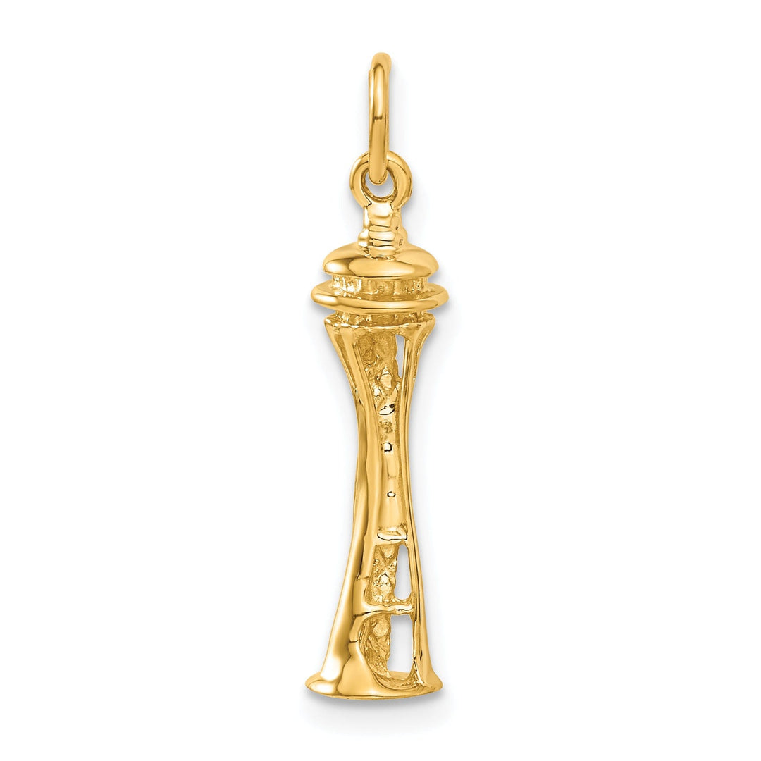 14k Yellow Gold Polished Textured Finish Solid 3-Dimensional Seattle Space Needle Building Charm Pendant