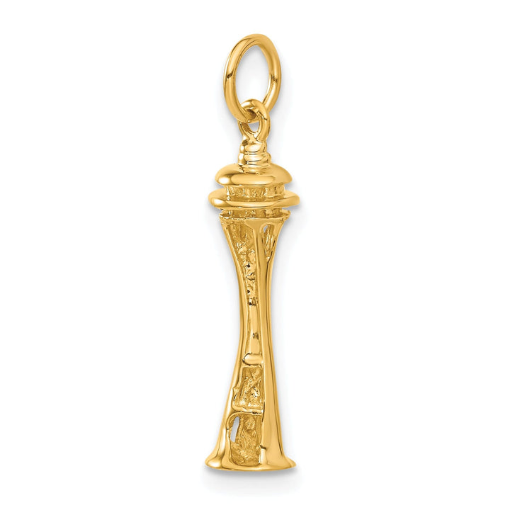 14k Yellow Gold Polished Textured Finish Solid 3-Dimensional Seattle Space Needle Building Charm Pendant