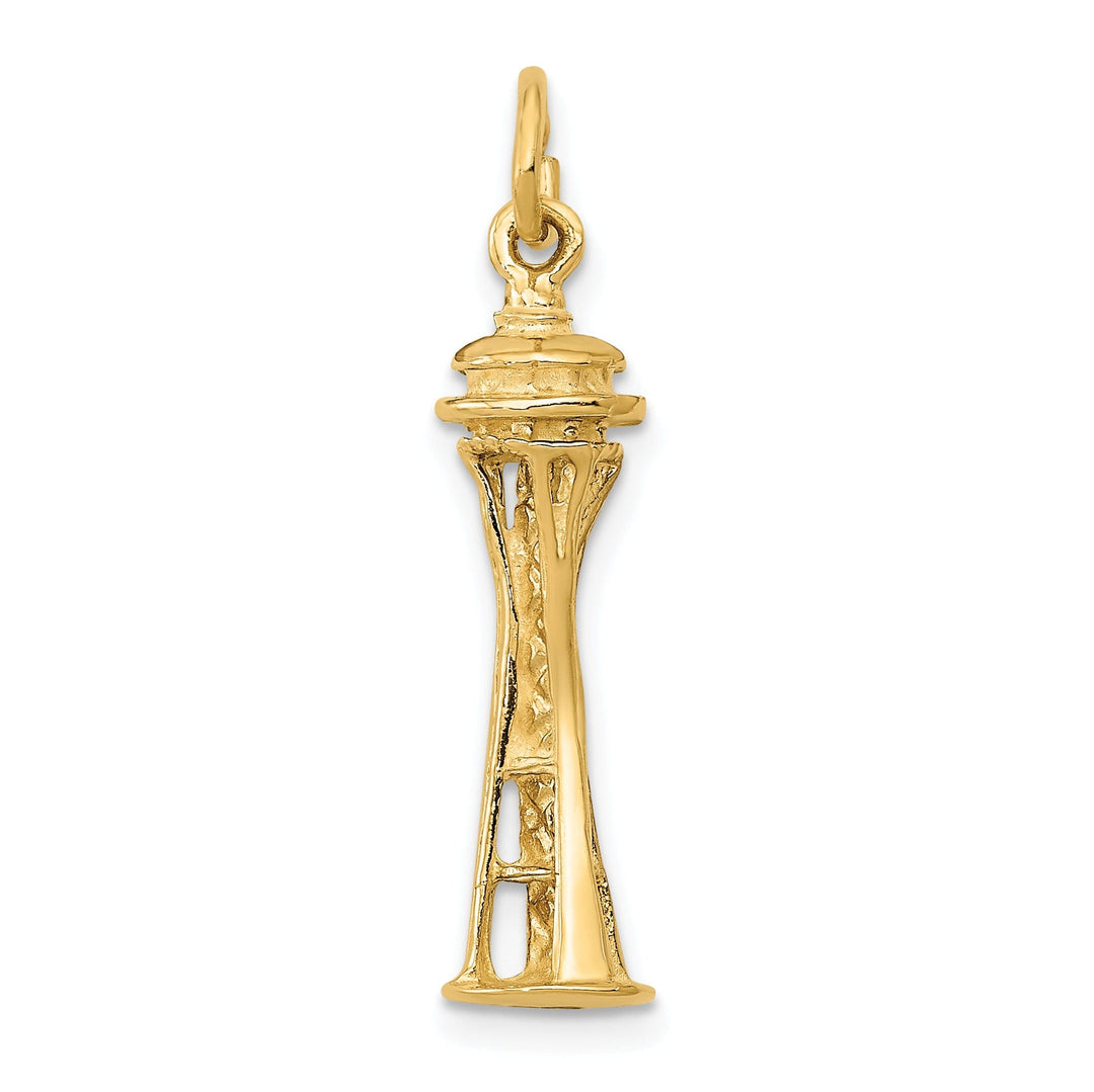 14k Yellow Gold Polished Textured Finish Solid 3-Dimensional Seattle Space Needle Building Charm Pendant