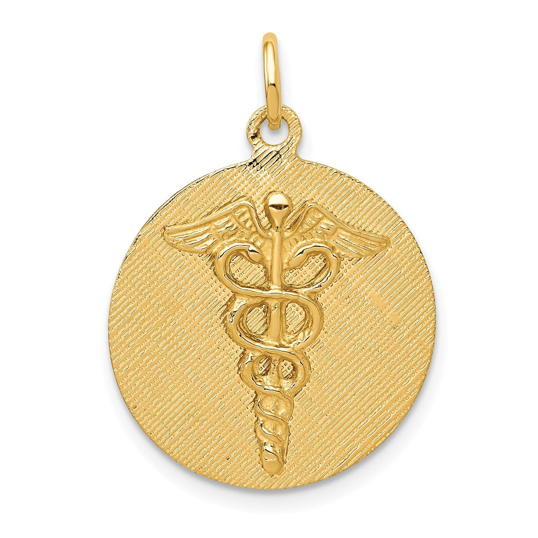 Solid 14k Yellow Gold Caduceus Disc Pendant