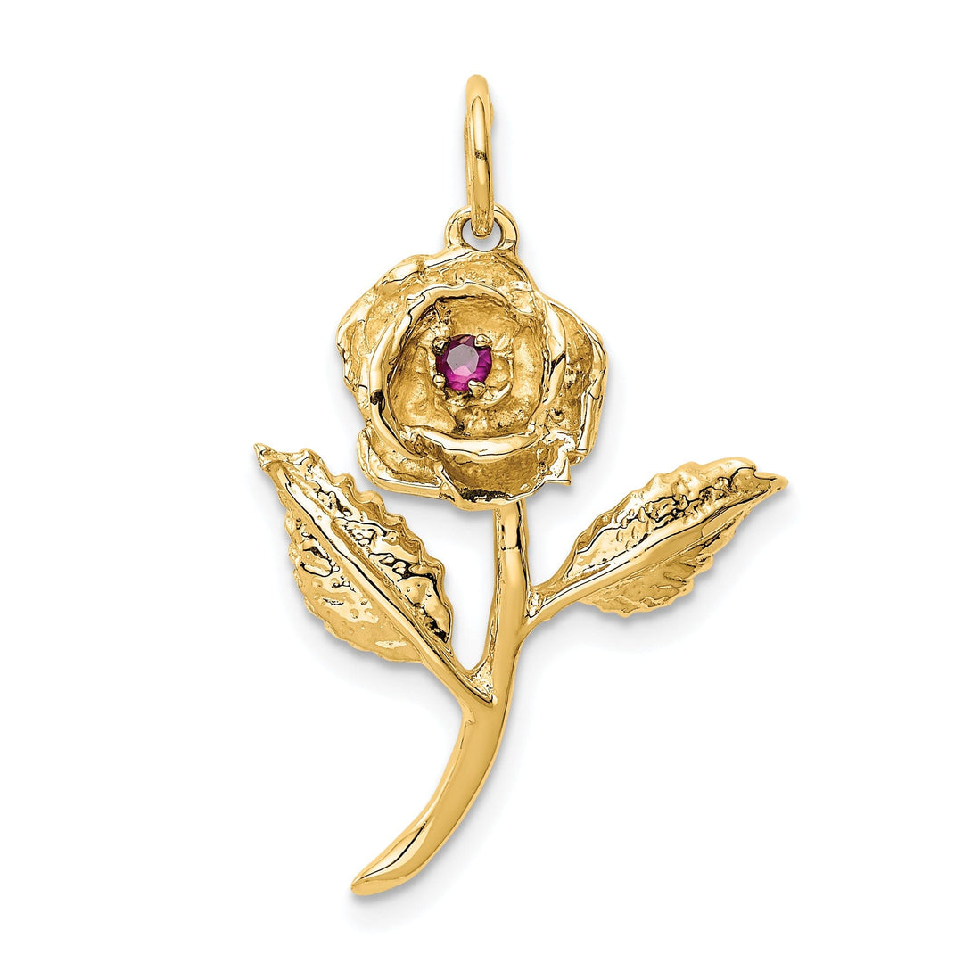 14k Yellow Gold Open Back Textured Solid Polished Finish Cubic Zirconia Rose Charm Pendant
