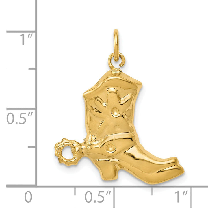 14k Yellow Gold Textured Polished Finish Unisex Cowboy Boot with Spurs Charm Pendant