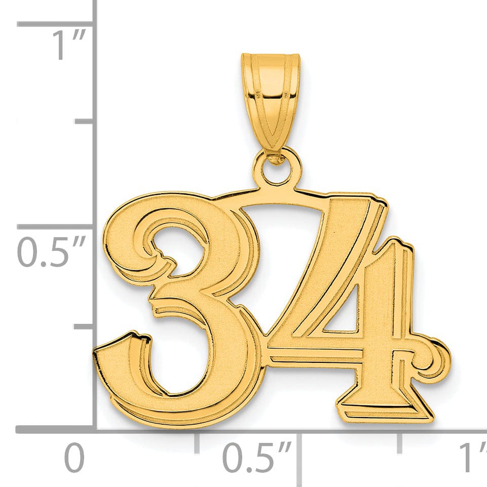 14k Yellow Gold Polished Etched Finish Number 34 Charm Pendant