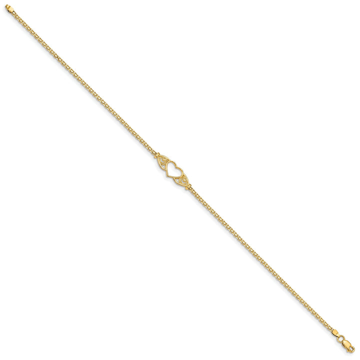 14K Yellow Gold Polished Antiqued Heart Anklet