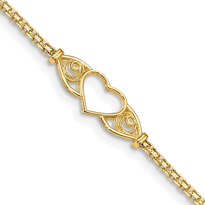 14K Yellow Gold Polished Antiqued Heart Anklet