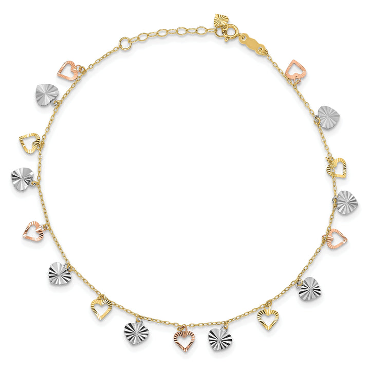 14k Tri-Color Adjustable Heart Anklet