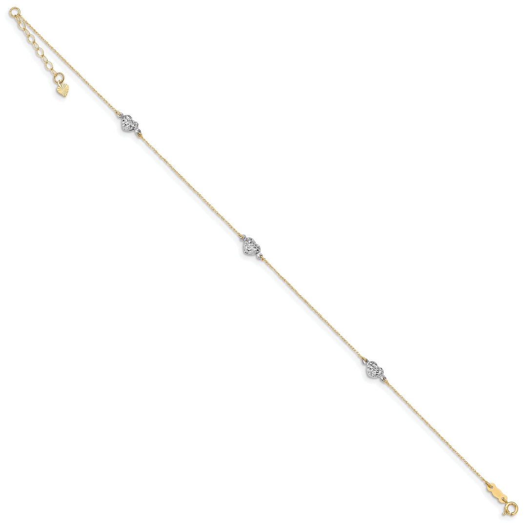 14k Two-tone Gold Puff Heart 9 Anklet