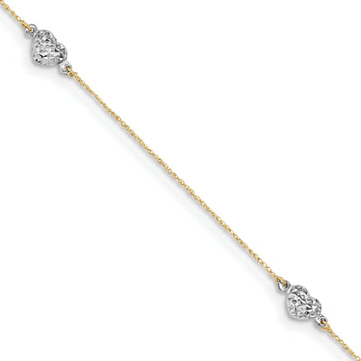 14k Two-tone Gold Puff Heart 9 Anklet at $ 96.41 only from Jewelryshopping.com