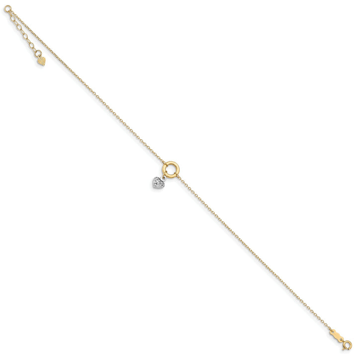 14k Two-tone Gold Circle/Diamond Cut Heart Anklet