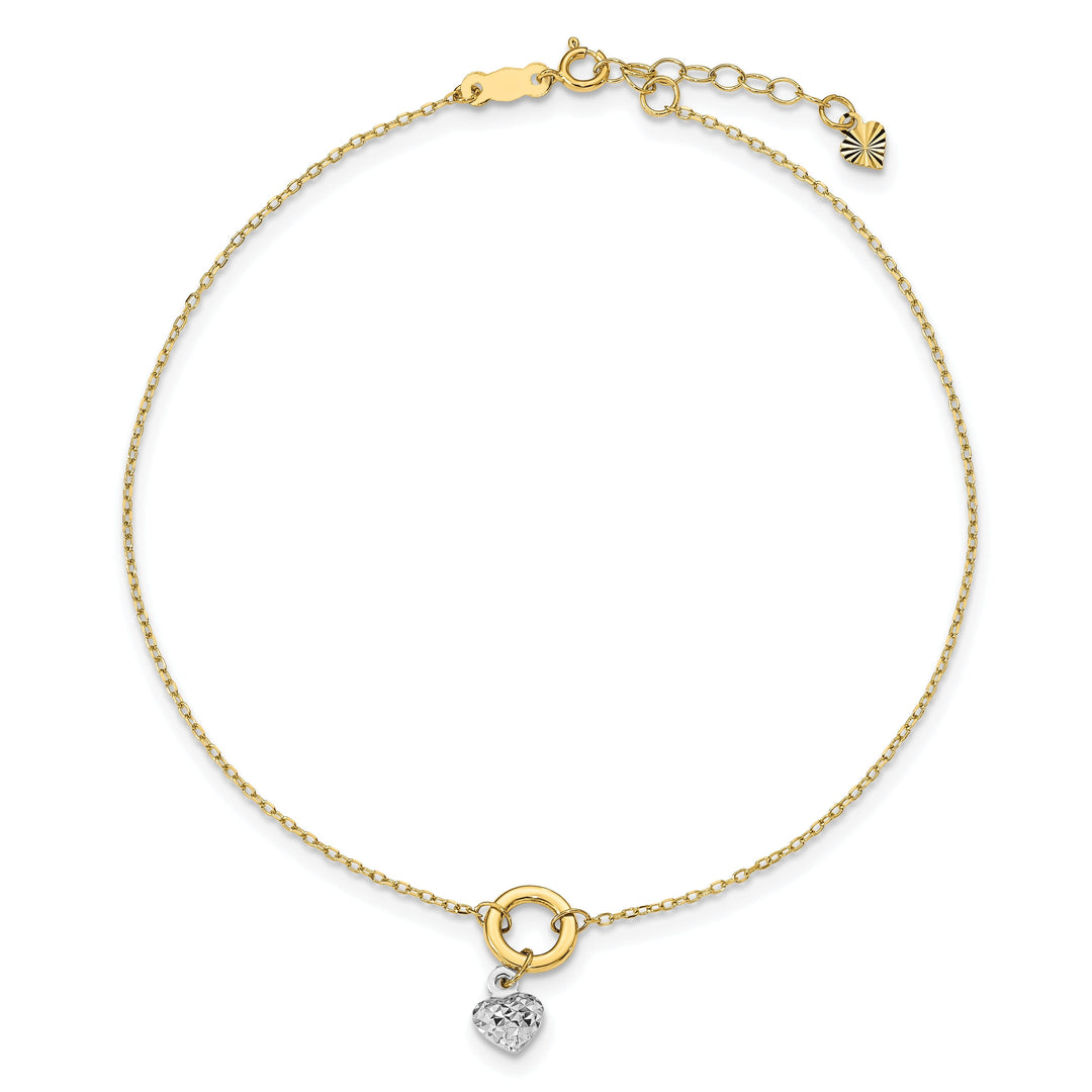 14k Two-tone Gold Circle/Diamond Cut Heart Anklet