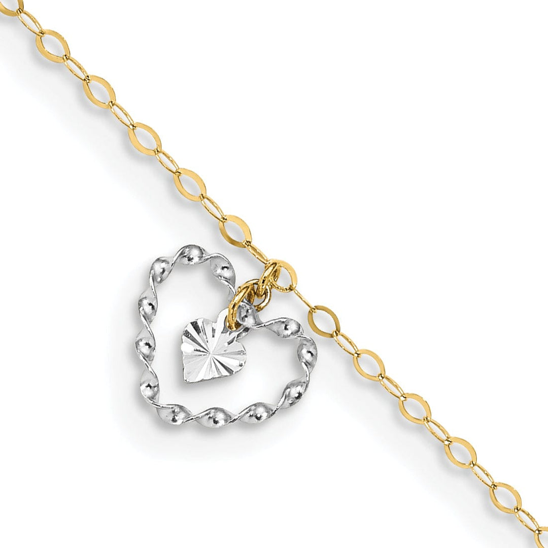 14K Two-tone Twisted Diamond Cut Heart Anklet