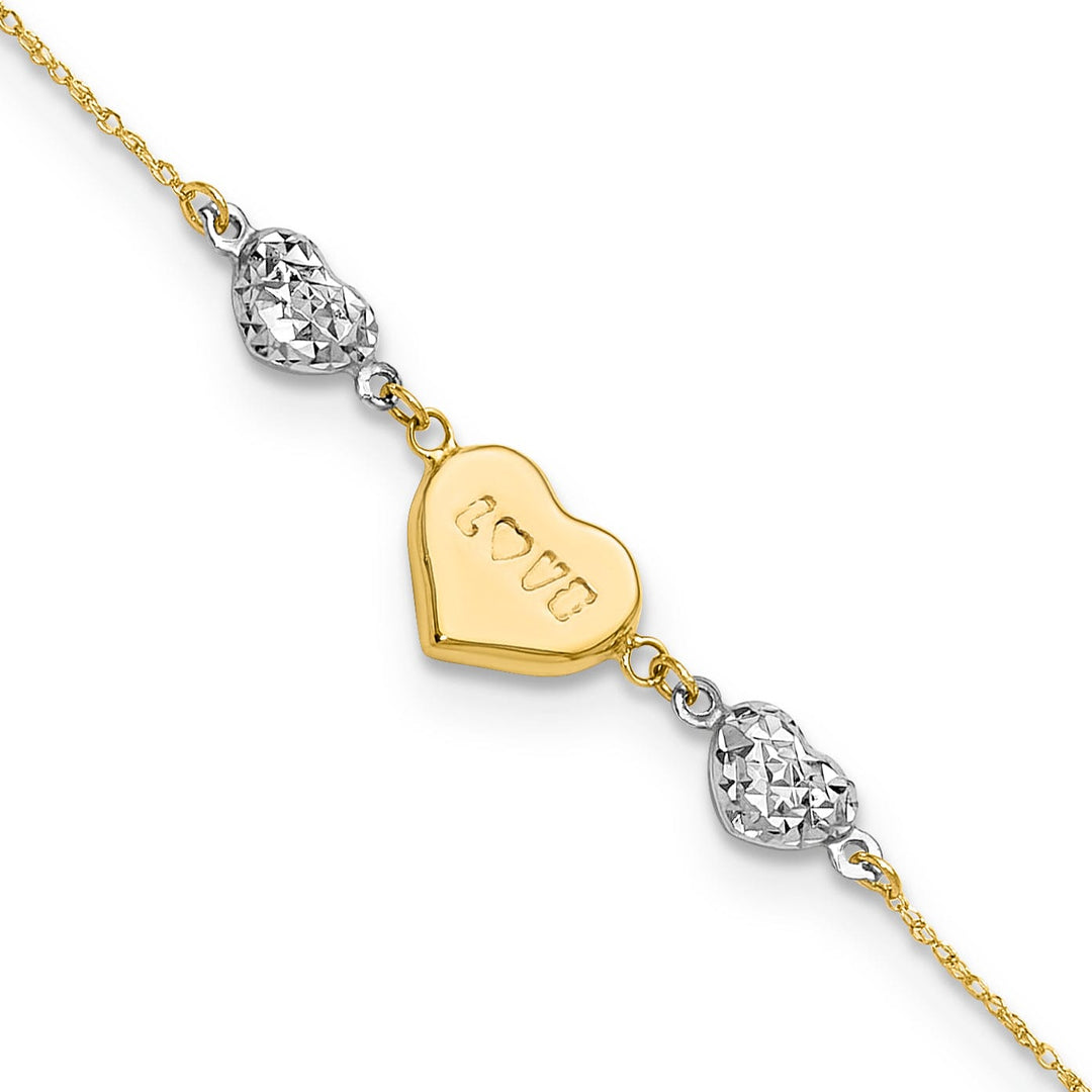 14K Two Tone Gold Puffed LOVE Heart & Hearts Bracelet