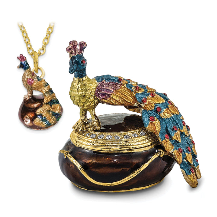 Bejeweled Pewter Multi Color Enamel Finish DIJON Peacock Trinket Box