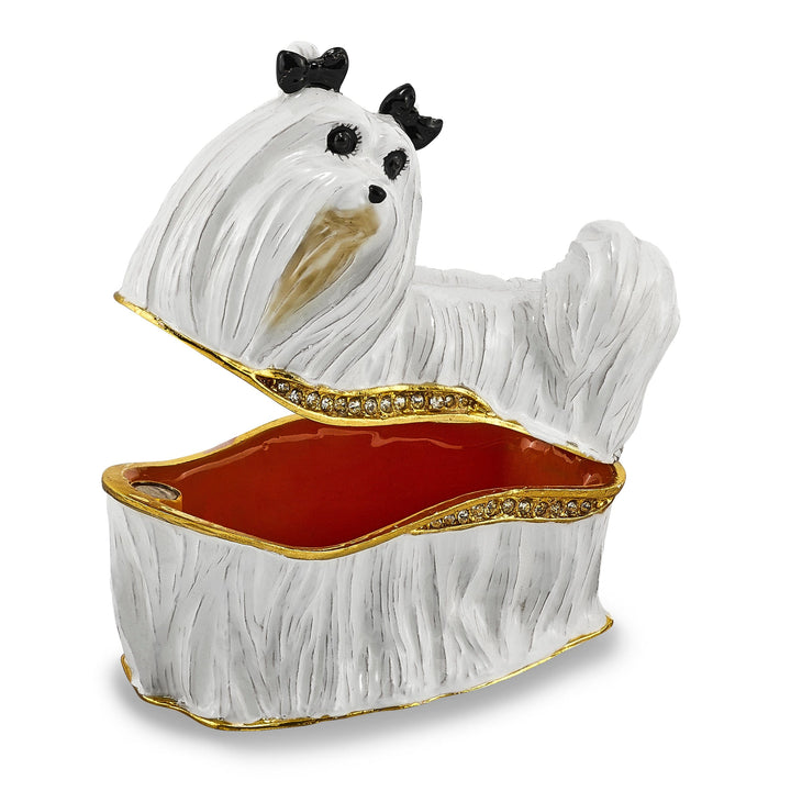 Bejeweled Pewter White Color Enamel Finish MILLIE Maltese Trinket Box