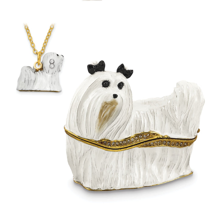 Bejeweled Pewter White Color Enamel Finish MILLIE Maltese Trinket Box