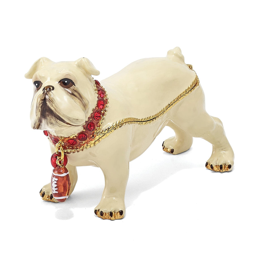 Bejeweled White Color Finish BUTCH Bulldog with Football Trinket Box