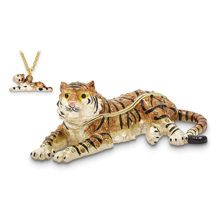 Bejeweled Pewter Multi Color Enamel TALINDA Relaxing Tiger Trinket Box
