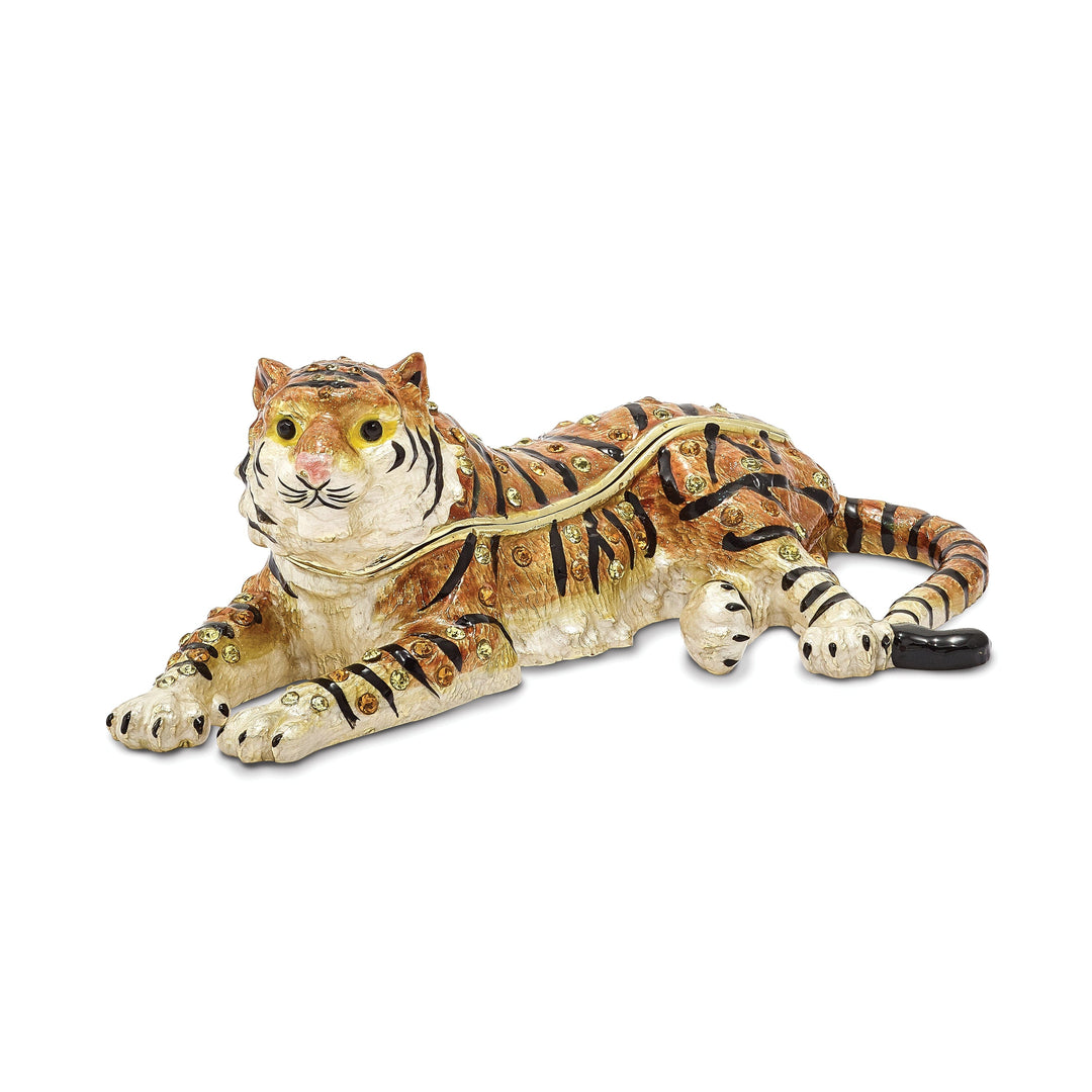 Bejeweled Pewter Multi Color Enamel TALINDA Relaxing Tiger Trinket Box