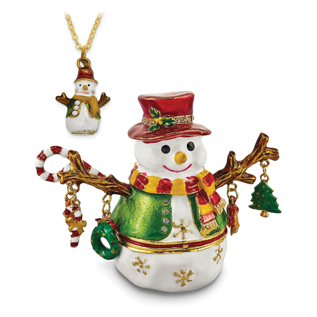 Bejeweled Pewter Multi Color Finish LOGAN Snowman Tree Trinket Box