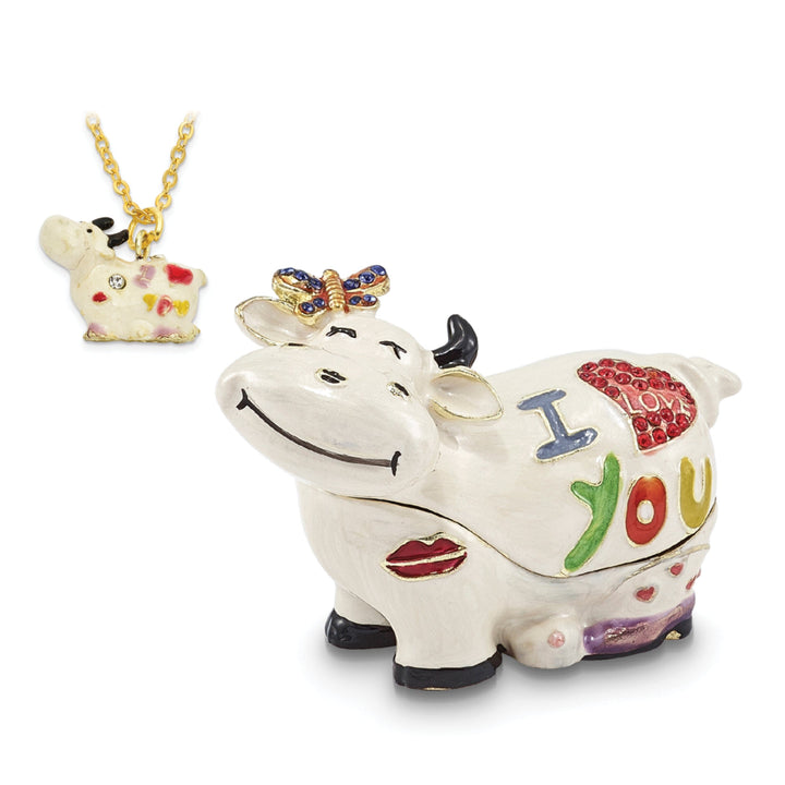 Bejeweled Pewter Multi Color Enamel Finish I LOVE YOU Cow Trinket Box