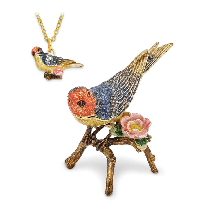 Bejeweled Pewter Lady Bluebird Perch on a branch Trinket Box Design