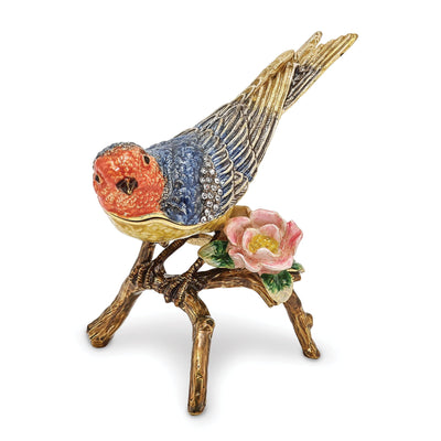 Bejeweled Pewter Lady Bluebird Perch on a branch Trinket Box Design