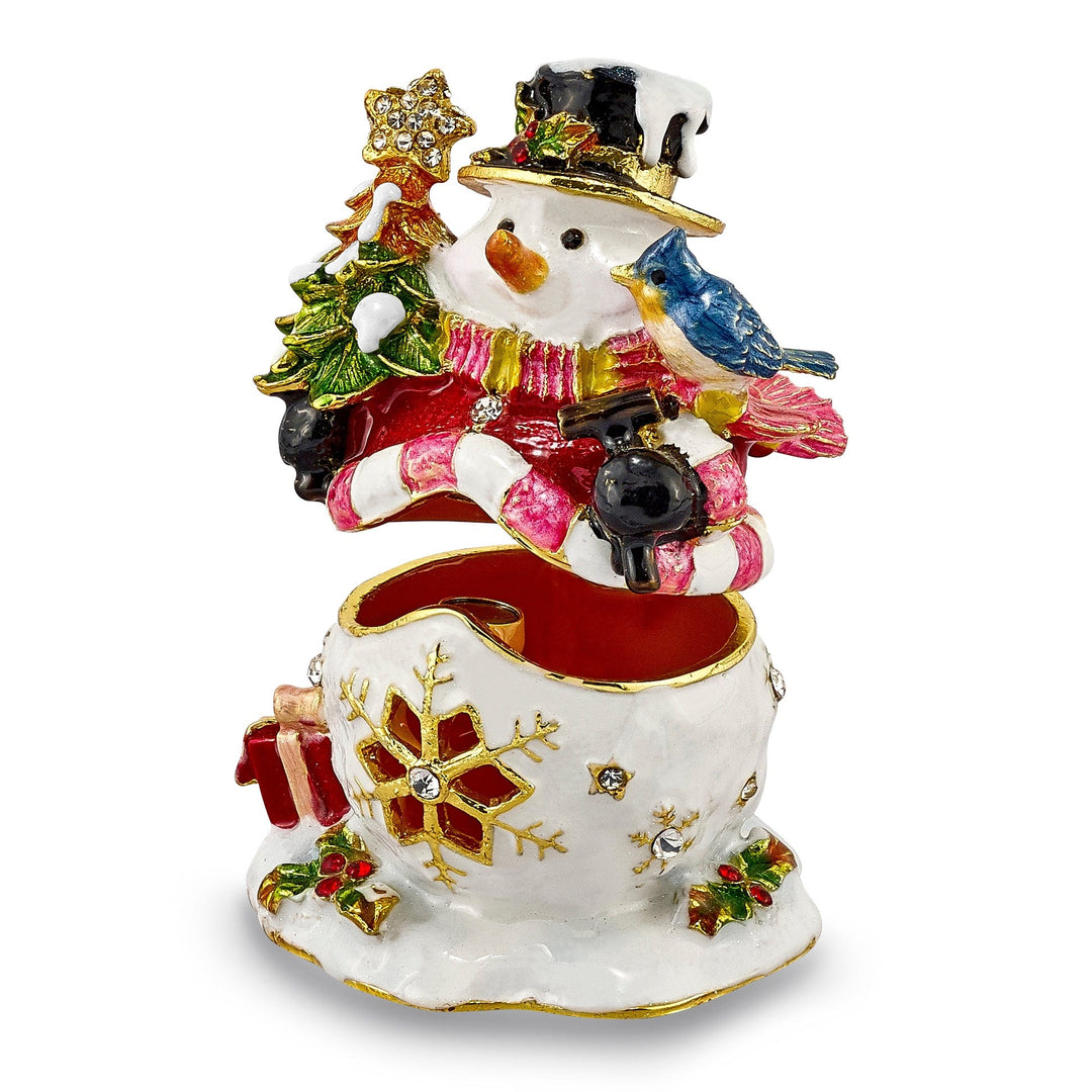 Bejeweled Pewter Multi Color Finish HOLLY JOLLY Snowman Trinket Box