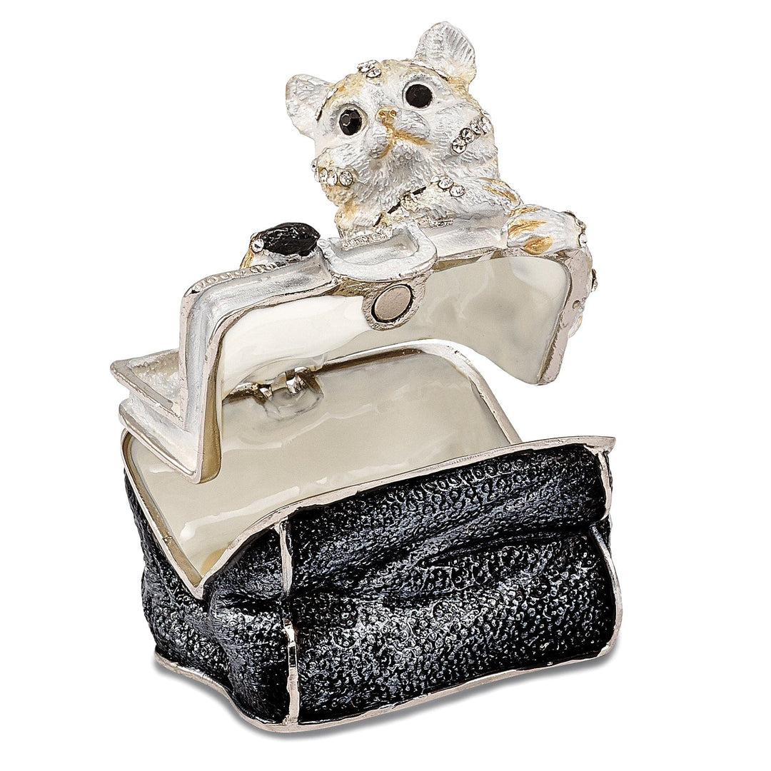 Bejewel Pewter Multi Color Enamel MISS KITTY Cat in Purse Trinket Box