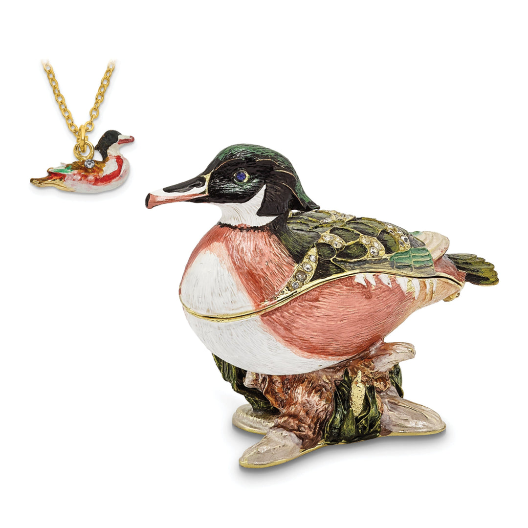 Bejeweled Pewter Multi Color Enamel Finish WILSON Wood Duck Trinket Box