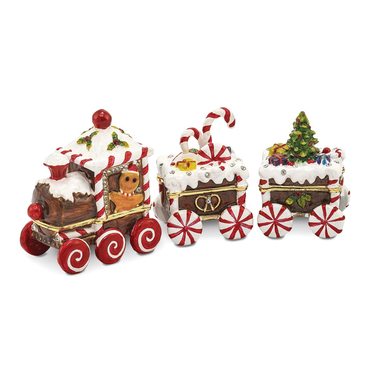 Bejeweled Pewter Multi Color Finish CANDY CANE Train Trinket Box