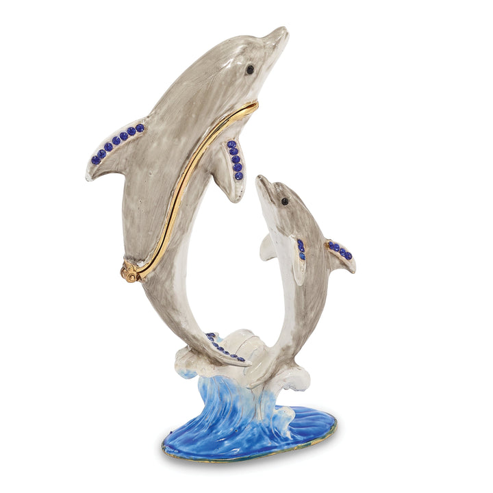Bejewel Multi Color Finish FIONA FINN Mother Baby Dolphins Trinket Box