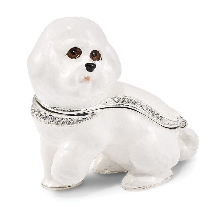 Bejeweled White Color Enamel Finish BRENDA Bichon Frise Trinket Box