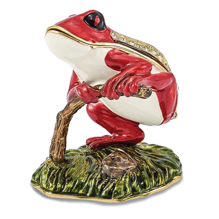 Bejeweled Multi Color Finish RASCAL Red Frog on Branch Trinket Box