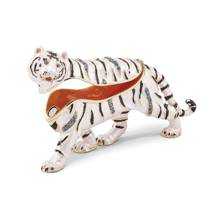 Bejeweled Pewter WhiteBlack Color Enamel MALA White Tiger Trinket Box