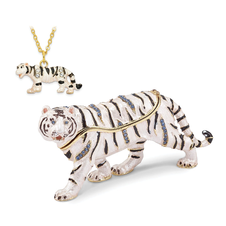 Bejeweled Pewter WhiteBlack Color Enamel MALA White Tiger Trinket Box