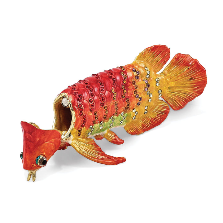 Bejeweled Multi Color Orange Enamel Finish SUMO Koi Fish Trinket Box