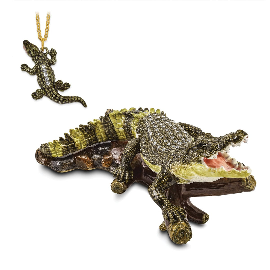 Bejeweled Green Black Gold Color COCO Fierce Crocodile Trinket Box