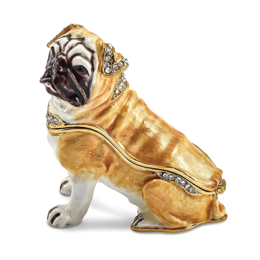 Bejeweled Tan White Black Gold Color WEDNESDAY Pug Trinket Box