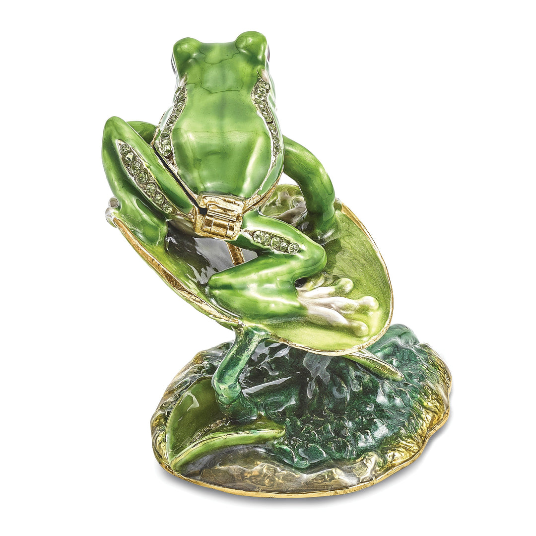 Bejeweled Green Silver Color Finish LILLY Frog on Lily Pad Trinket Box