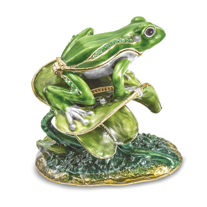 Bejeweled Green Silver Color Finish LILLY Frog on Lily Pad Trinket Box