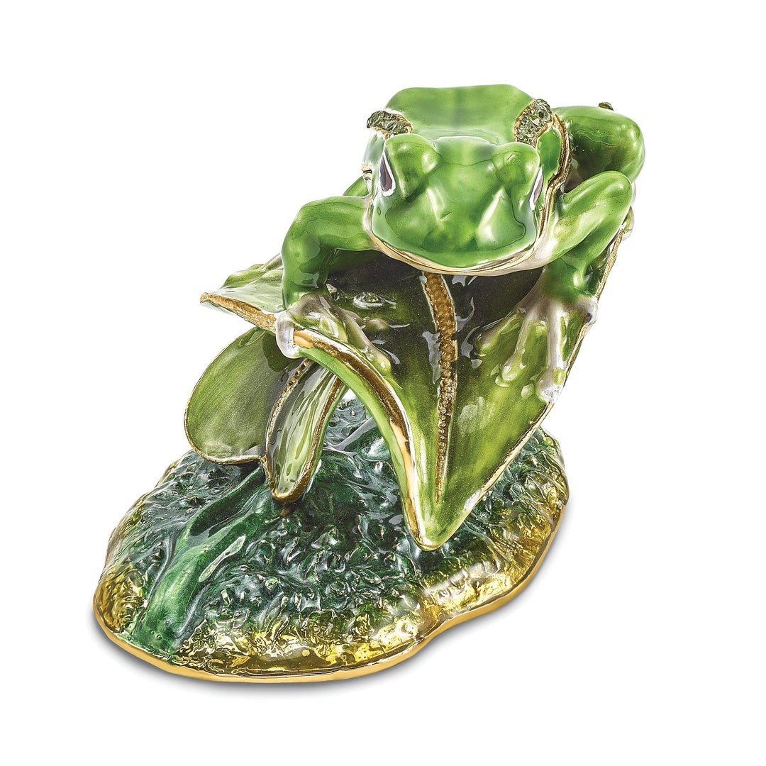 Bejeweled Green Silver Color Finish LILLY Frog on Lily Pad Trinket Box