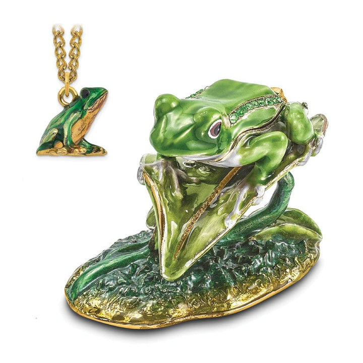 Bejeweled Green Silver Color Finish LILLY Frog on Lily Pad Trinket Box