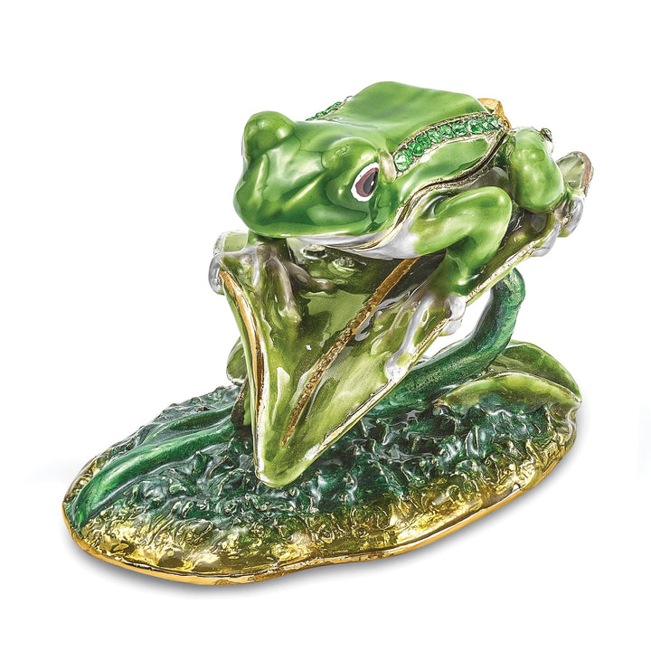 Bejeweled Green Silver Color Finish LILLY Frog on Lily Pad Trinket Box