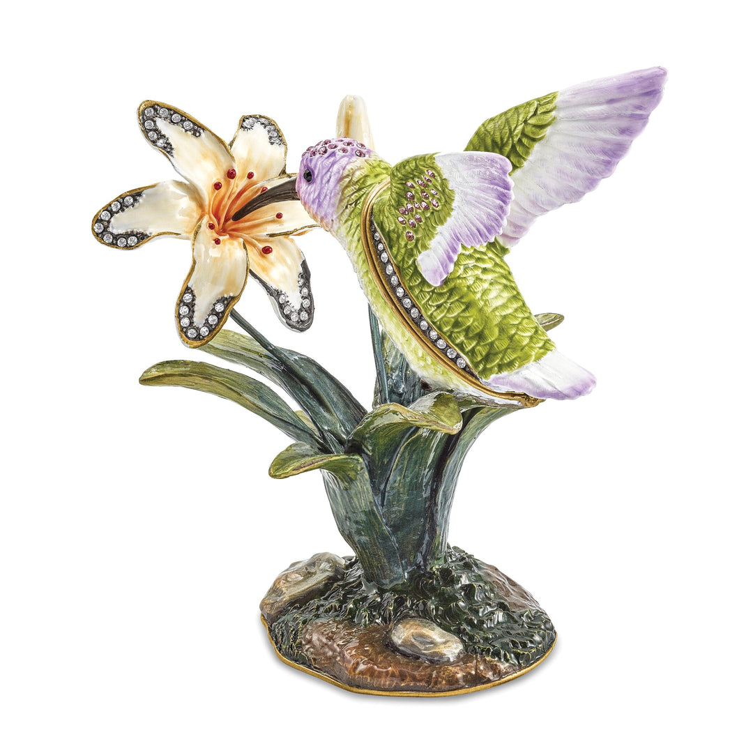 Bejeweled Pewter VIOLA Hummingbird & Daylily Trinket Box Design