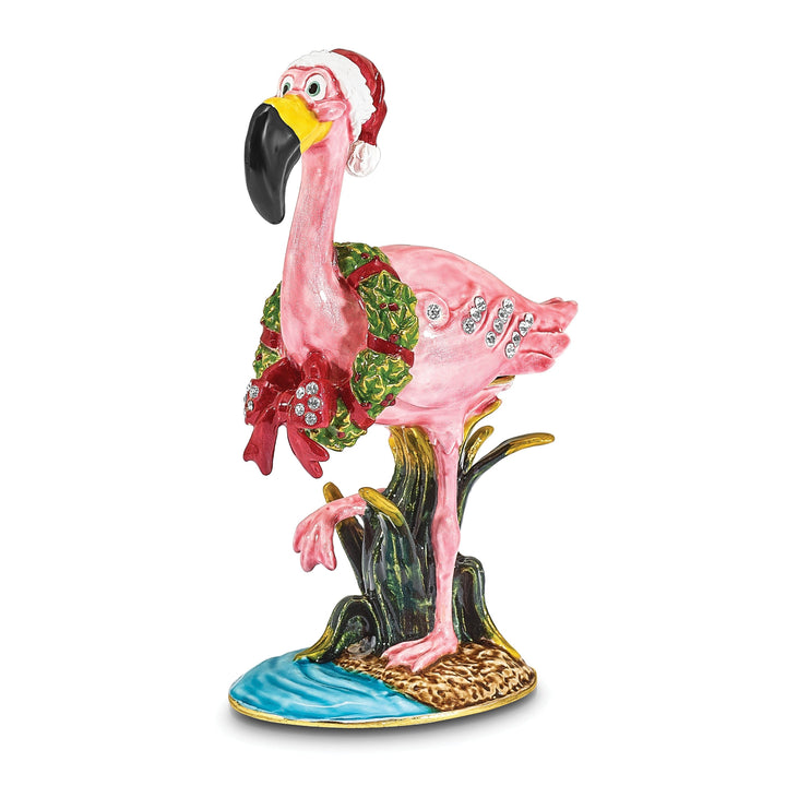 Bejeweled Pewter Multi Color Finish LEFTY Holiday Flamingo Trinket Box