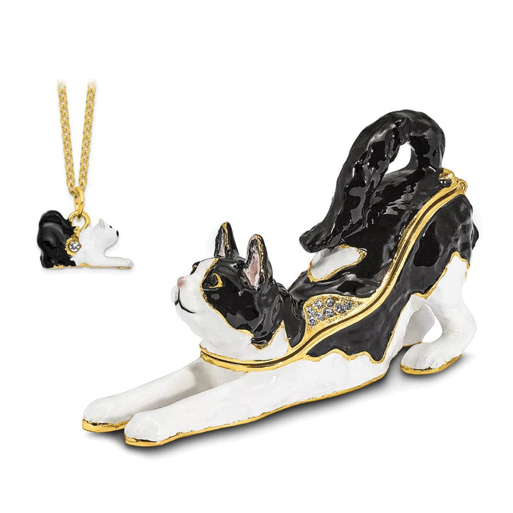 Bejeweled Multi Color SLEEPY Stretching Black White Cat Trinket Box