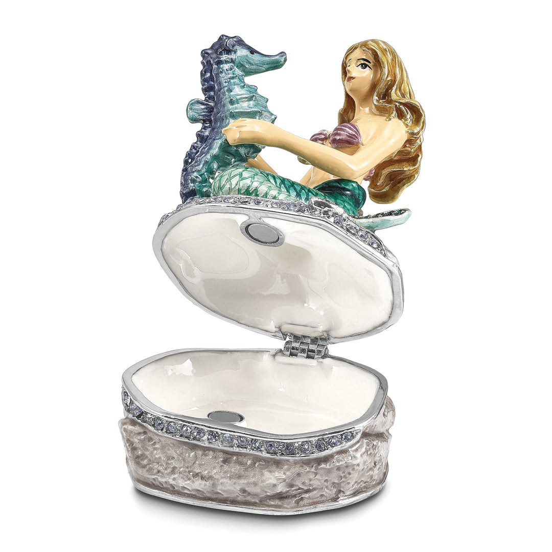 Bejeweled Multi Color Finish ADELLA Mermaid with Seahorse Trinket Box