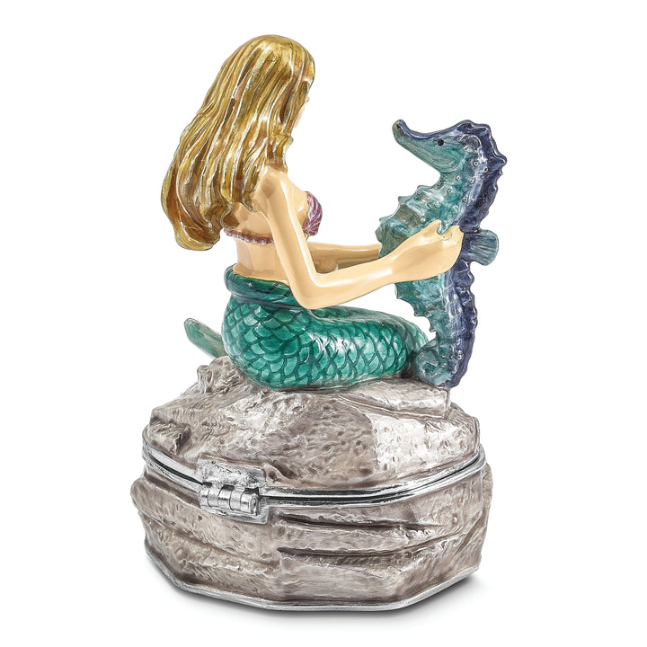 Bejeweled Multi Color Finish ADELLA Mermaid with Seahorse Trinket Box