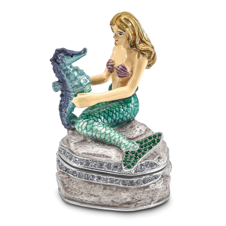 Bejeweled Multi Color Finish ADELLA Mermaid with Seahorse Trinket Box