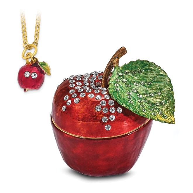 Bejeweled Pewter Color Enamel Finish DELICIOUS Apple Trinket Box